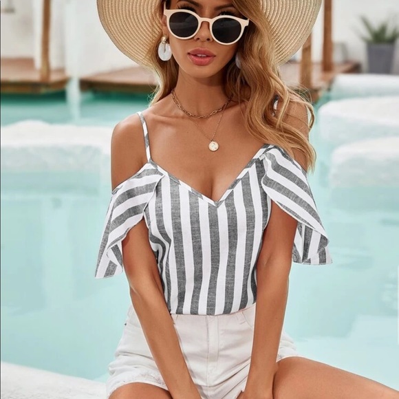 Cold Shoulder Striped Blouse - Picture 6 of 6